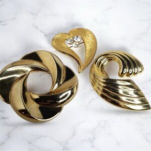 Vintage Brooch Lot of 3 Gold Tone Heart Rhinestone Ribbon Swirl Pins 2”